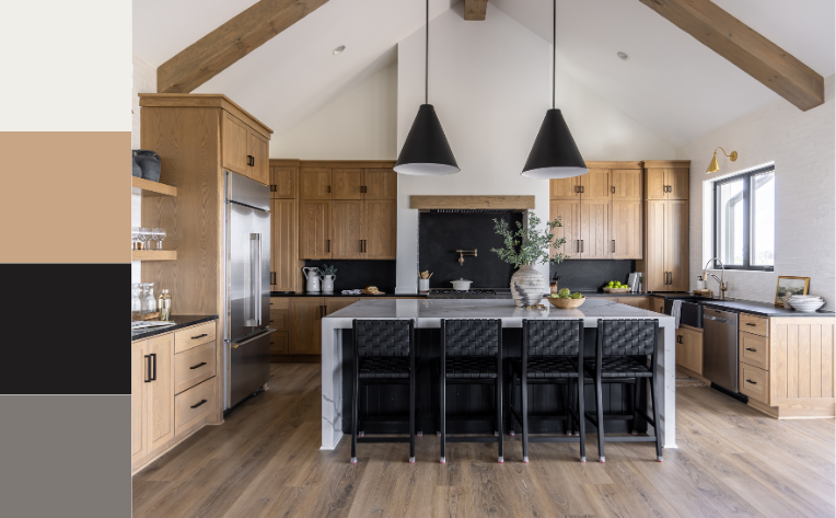 wood flooring in sleek modern kitchen with color palette